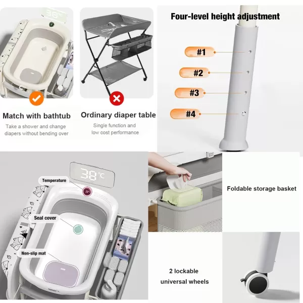 imagePandaEar 2in1 Baby Bathtub ampamp Changing Table Adjustable Height Folding Diaper Station Waterproof Pad with Storage Rack ampamp Wheels Baby Bath Tub with Thermometer