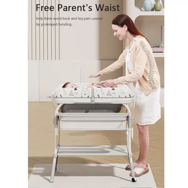 imagePandaEar 2in1 Baby Bathtub ampamp Changing Table Adjustable Height Folding Diaper Station Waterproof Pad with Storage Rack ampamp Wheels Baby Bath Tub with Thermometer