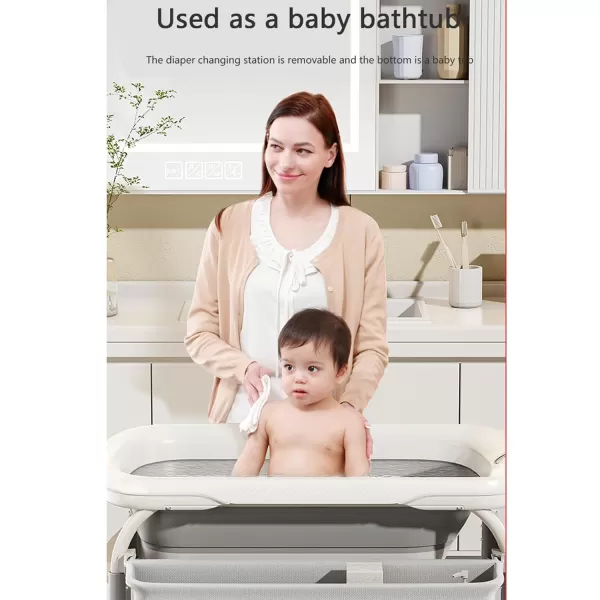 imagePandaEar 2in1 Baby Bathtub ampamp Changing Table Adjustable Height Folding Diaper Station Waterproof Pad with Storage Rack ampamp Wheels Baby Bath Tub with Thermometer