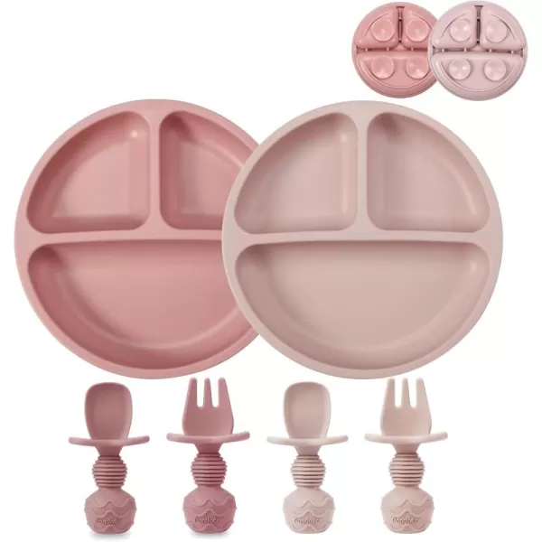 imagePandaEar 2 Pack Toddler Divided Suction Plates with 2 Spoons 2 Forks for Babies  Silicone Baby Led Weaning Supplies Self Feeding Eating Utensils  BPAFree Silicone Baby Feeding Set Pink