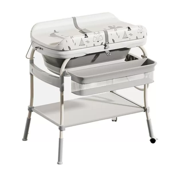 imagePandaEar 2in1 Baby Bathtub ampamp Changing Table Adjustable Height Folding Diaper Station Waterproof Pad with Storage Rack ampamp Wheels Baby Bath Tub with Thermometer