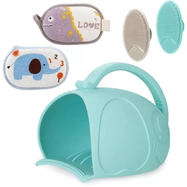 imagePandaEar Baby Bath Rinse Cup Silicone Baby Shampoo Rinser with 2 Baby Bath Sponge ampamp 2 Bath Brush for Infants Toddler Body Washing Blue
