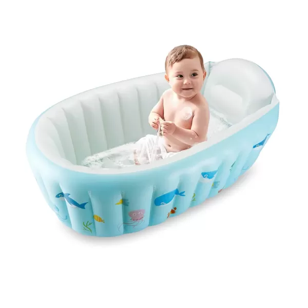 imagePandaEar Baby Inflatable Bathtub Portable Travel Baby Infant Bath Tub Toddler Bathtub with Air Pump Foldable NonSlip Shower Basin Mini Air Swimming Pool for Newborn Whale Blue