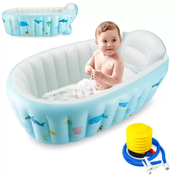 imagePandaEar Baby Inflatable Bathtub Portable Travel Baby Infant Bath Tub Toddler Bathtub with Air Pump Foldable NonSlip Shower Basin Mini Air Swimming Pool for Newborn Whale Blue