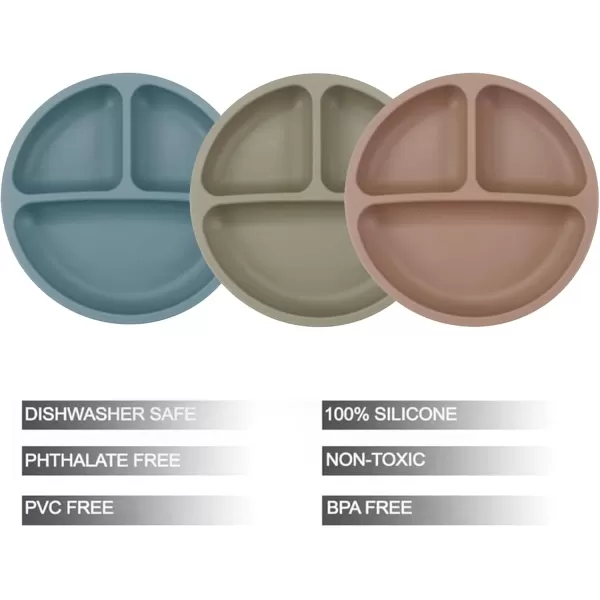 imagePandaEar Baby Feeding Set 3 Pack Toddler Plates with 3 Spoons 100 Silicone Divided Suction Plate for Babies BPAFree Dishwasher and Microwave Safe BlueRedBrown
