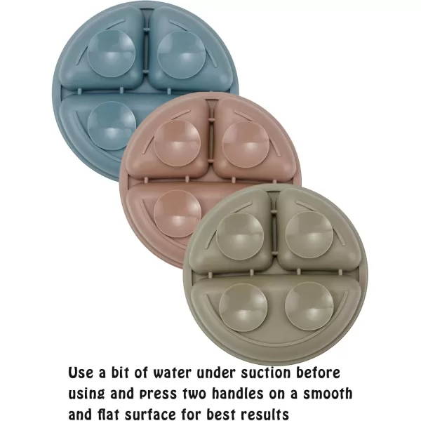 imagePandaEar Baby Feeding Set 3 Pack Toddler Plates with 3 Spoons 100 Silicone Divided Suction Plate for Babies BPAFree Dishwasher and Microwave Safe BlueRedBrown