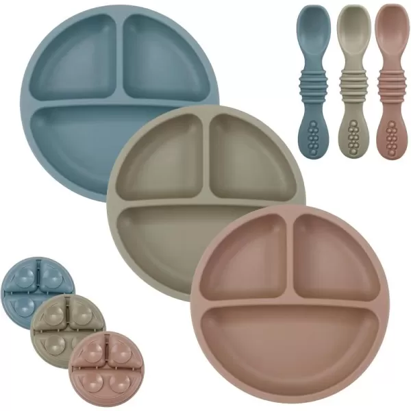 imagePandaEar Baby Feeding Set 3 Pack Toddler Plates with 3 Spoons 100 Silicone Divided Suction Plate for Babies BPAFree Dishwasher and Microwave Safe BlueRedBrown