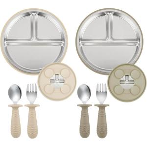 imagePandaEar 2 Pack Stainless Steel Baby Suction Plates ampamp 2 Pack Spoons and Forks Set Toddler Utensils Baby Feeding Set Divided Plates for Baby Led Weaning Supplies BPAFree