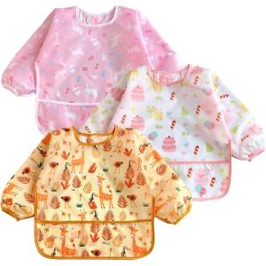 imagePandaEar 3 Pack Long Sleeve Bibs Waterproof Full Sleeve Bib for Baby Infant Toddler 636 Months Cake Bunny Giraffe Girl