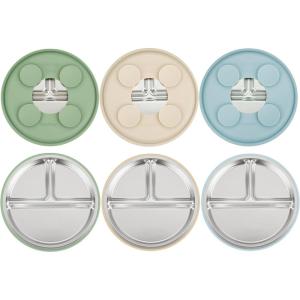 imagePandaEar 3 Pack Stainless Steel Baby Suction Plates Divided Toddler Plate for Baby Led Weaning Supplies NonSlip Toddler Baby Feeding Set Dishwasher Safe