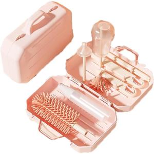 imagePandaEar Portable Bottle Brush Set with Case Baby Travel Essential6 in 1 Bottle Cleaning Tool Bottle Cleaner Kit with Silicone Brush Nipple Brush Straw Brush Bottle Dispenser Pink