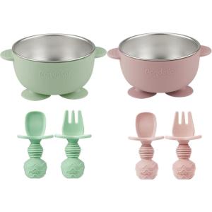 imagePandaEar 2 Pack Stainless Steel Baby Suction Bowls ampamp 4 Pcs Silicone Baby Utensils Set NonSlip Toddler Food Bowls with Silicone Sleeve ampamp AntiChoke Spoon Fork Set for Babies Led Weaning