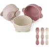 imagePandaEar 3 Pack Silicone Suction Baby Bowls ampamp 3 Baby Feeding Spoons  NonSlip Stay Put Bowls ampamp Soft Silicone First Stage Spoons for Toddlers BPAFree Baby Led Weaning Set Pink Rose LinenPink Rose Linen