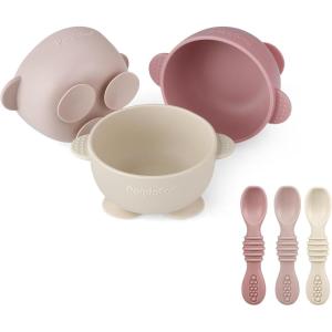 imagePandaEar 3 Pack Silicone Suction Baby Bowls ampamp 3 Baby Feeding Spoons  NonSlip Stay Put Bowls ampamp Soft Silicone First Stage Spoons for Toddlers BPAFree Baby Led Weaning Set Pink Rose LinenPink Rose Linen