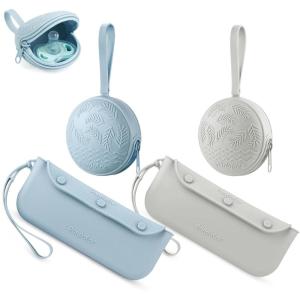 imagePandaEar 4 Pack Pacifier Holder Case Set 2 Pack Silicone Portable Travel Pacifier Pouch ampamp 2 Pack Silicone Baby Cutlery Holder Bags BPA Free Universal Accessories Holders Light BlueGrey