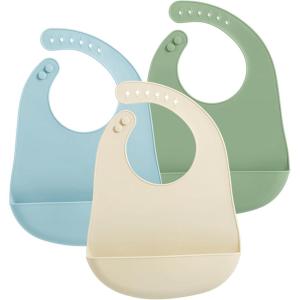 imagePandaEar 3 Pack Silicone Baby Bibs Super Thin Light Weight Waterproof for Babies ampamp Toddlers Adjustable Soft Silicone Feeding Bibs with Food Catcher Pocket BlueGreenFlesh