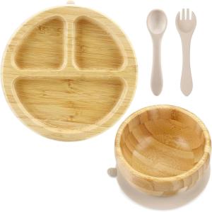 imagePandaEar Bamboo Suction Feeding Set for Babies  Natural Wood Suction Plate ampamp Bowl with Silicone Spoon and Fork  Baby Led Weaning Set for Toddlers ampamp Kids BPAFree