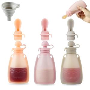 imagePandaEar 3 Pack Reusable Silicone Baby Food Pouches Squeeze Pouches for Toddler Kids with 3 Silicone Puree Feeder Spoon BPAFree Silicone Refillable Baby Food Storage 55ozDark pinkLight PinkLinen