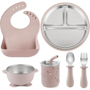 imagePandaEar 6in1 Stainless Steel Baby Feeding Set  Divided Suction Plate Bowl Sippy Cup with Straw Bib Spoon ampamp Fork  BPAFree Toddler Feeding Essentials for SelfFeeding Pink