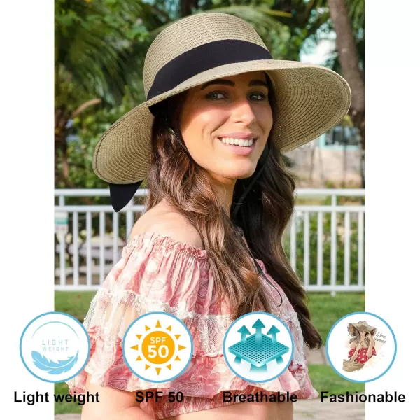 Verabella Sun Hats for Women UPF 50 Womens Lightweight FoldablePackable Beach Sun HatBeige WBlack Bow