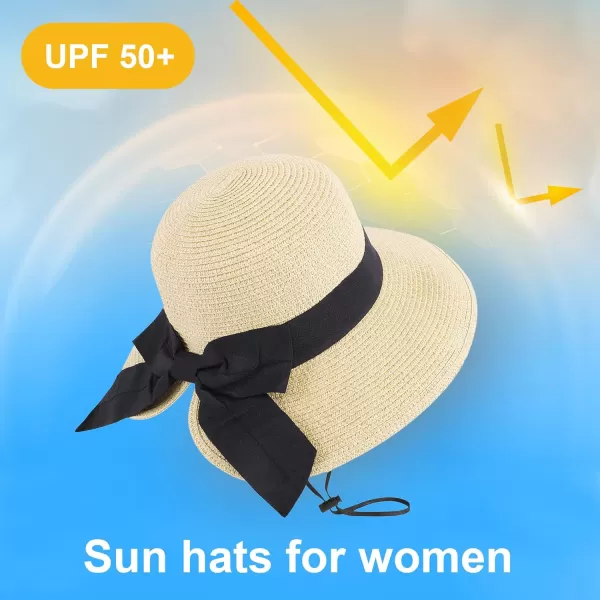 Verabella Sun Hats for Women UPF 50 Womens Lightweight FoldablePackable Beach Sun HatBeige WBlack Bow