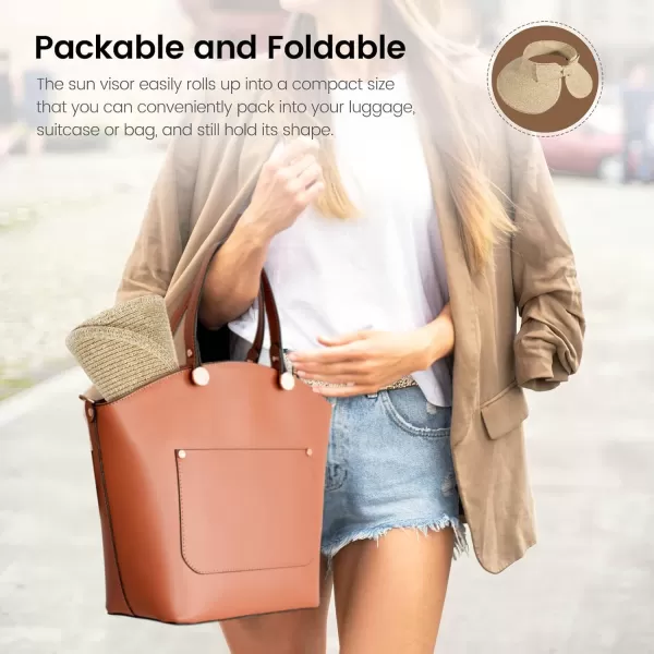 Verabella Sun Visors for Women UV Protection Wide Brim Ponytail Beach Hat Roll Up Packable Straw Visor HatBeige Brown Mix