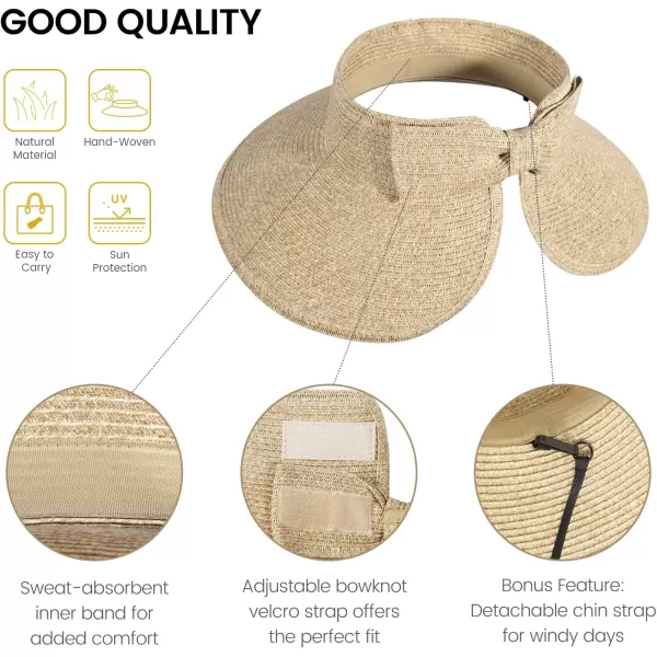 Verabella Sun Visors for Women UV Protection Wide Brim Ponytail Beach Hat Roll Up Packable Straw Visor HatBeige Brown Mix