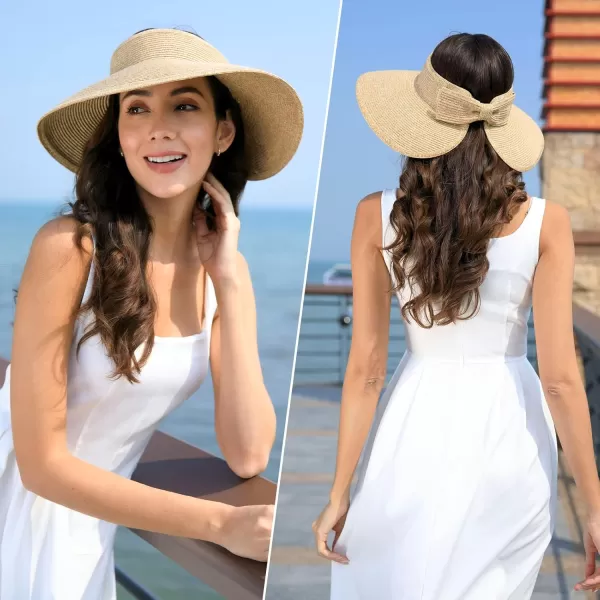 Verabella Sun Visors for Women UV Protection Wide Brim Ponytail Beach Hat Roll Up Packable Straw Visor HatBeige Brown Mix