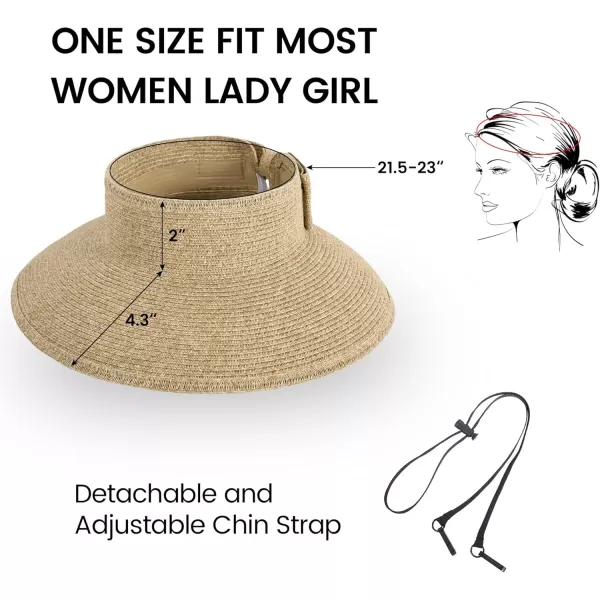 Verabella Sun Visors for Women UV Protection Wide Brim Ponytail Beach Hat Roll Up Packable Straw Visor HatBeige Brown Mix