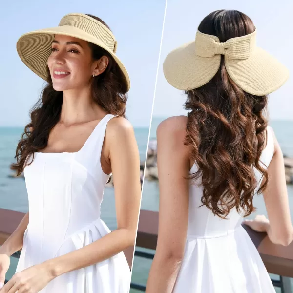Verabella Sun Visors for Women UV Protection Wide Brim Ponytail Beach Hat Roll Up Packable Straw Visor HatBeige Mix
