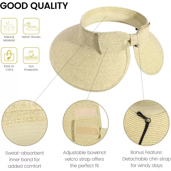 Verabella Sun Visors for Women UV Protection Wide Brim Ponytail Beach Hat Roll Up Packable Straw Visor HatBeige Mix