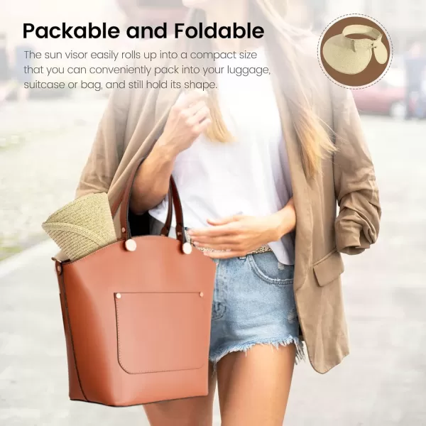 Verabella Sun Visors for Women UV Protection Wide Brim Ponytail Beach Hat Roll Up Packable Straw Visor HatBeige Mix