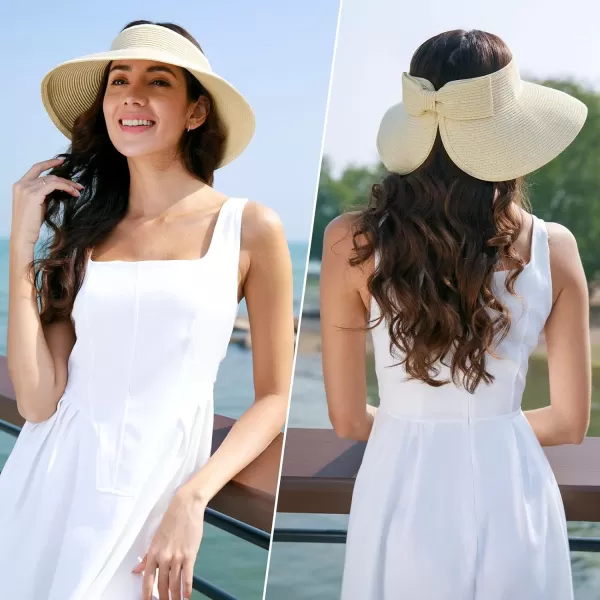 Verabella Sun Visors for Women UV Protection Wide Brim Ponytail Beach Hat Roll Up Packable Straw Visor HatOffwhite