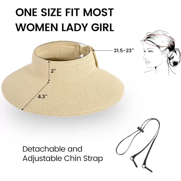 Verabella Sun Visors for Women UV Protection Wide Brim Ponytail Beach Hat Roll Up Packable Straw Visor HatOffwhite