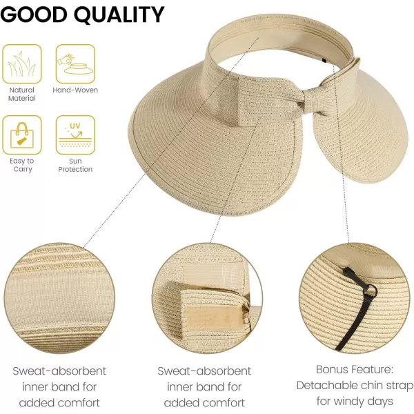Verabella Sun Visors for Women UV Protection Wide Brim Ponytail Beach Hat Roll Up Packable Straw Visor HatOffwhite