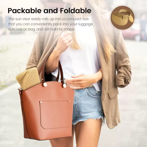 Verabella Sun Visors for Women UV Protection Wide Brim Ponytail Beach Hat Roll Up Packable Straw Visor HatYellow Brown Mix
