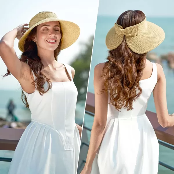 Verabella Sun Visors for Women UV Protection Wide Brim Ponytail Beach Hat Roll Up Packable Straw Visor HatYellow Brown Mix