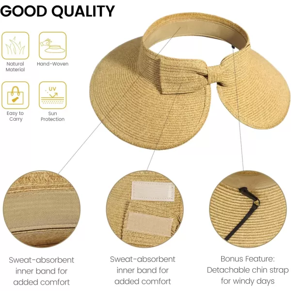 Verabella Sun Visors for Women UV Protection Wide Brim Ponytail Beach Hat Roll Up Packable Straw Visor HatYellow Brown Mix
