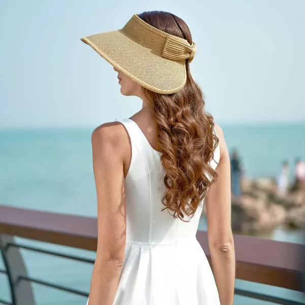 Verabella Sun Visors for Women UV Protection Wide Brim Ponytail Beach Hat Roll Up Packable Straw Visor HatYellow Brown Mix
