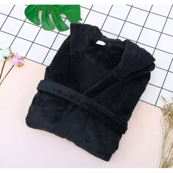 Verabella Women Mens Long Plush Fleece Robe with Hood Solid Color BathrobeBlack
