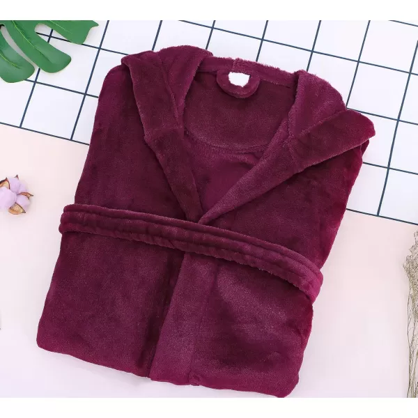Verabella Women Mens Long Plush Fleece Robe with Hood Solid Color BathrobeWine