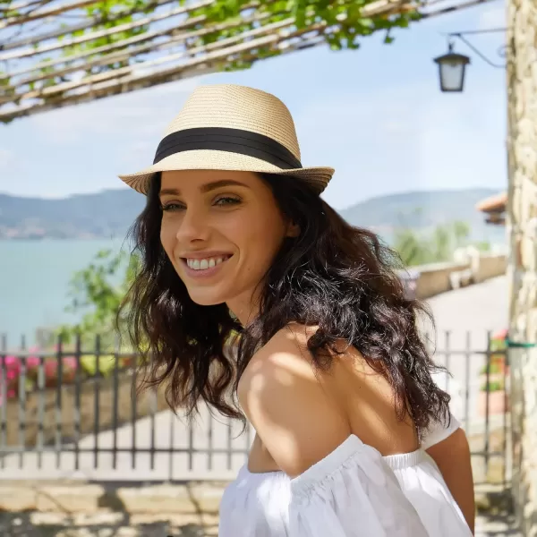 Verabella Women Summer Short Brim Straw Fedora Sun HatNatural With Black Band
