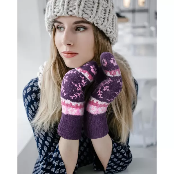 Verabella Womens Mittens Cold WeatherFair Isle Knit Sherpa Lined Winter MittensLight GreyPurple Mittens