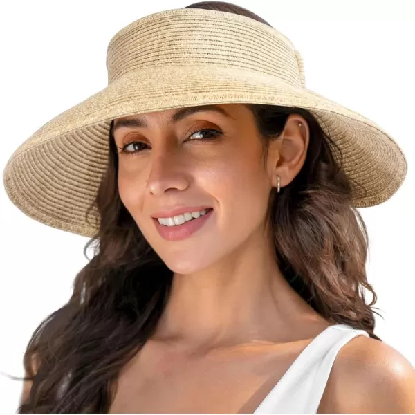 Verabella Sun Visors for Women UV Protection Wide Brim Ponytail Beach Hat Roll Up Packable Straw Visor HatBeige Brown Mix