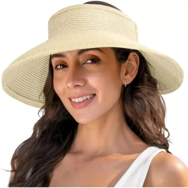 Verabella Sun Visors for Women UV Protection Wide Brim Ponytail Beach Hat Roll Up Packable Straw Visor HatBeige Mix
