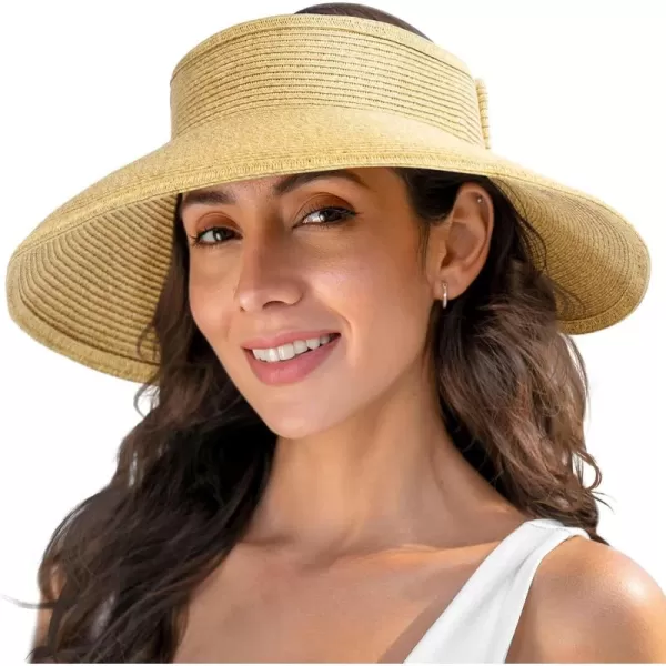 Verabella Sun Visors for Women UV Protection Wide Brim Ponytail Beach Hat Roll Up Packable Straw Visor HatYellow Brown Mix