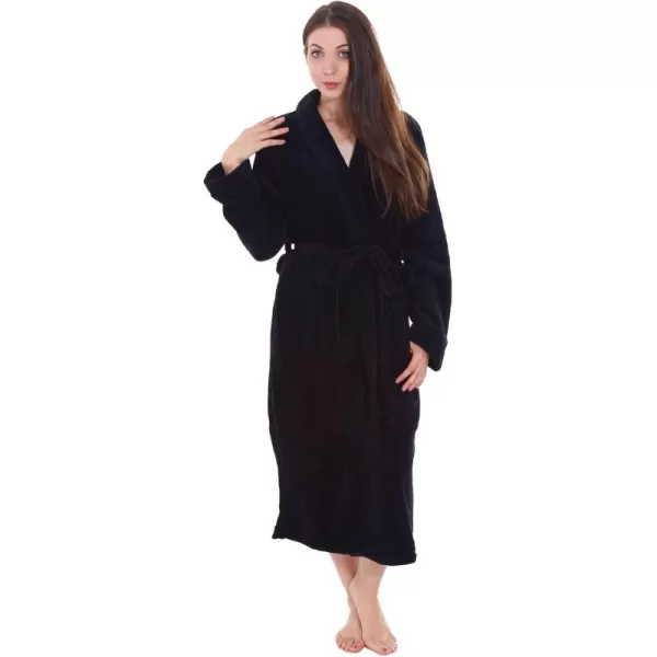Womens Fleece Robe Long Plush Hooded Bathrobe with PocketsBlack No Hooded