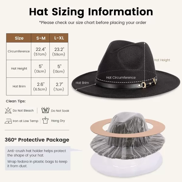Verabella Fedora for Women Winter Classic Wool Fedora Panama Hat with Belt BuckleBlack