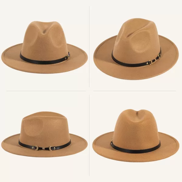 Verabella Fedora for Women Winter Classic Wool Fedora Panama Hat with Belt BuckleDark Camel