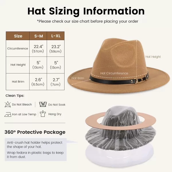 Verabella Fedora for Women Winter Classic Wool Fedora Panama Hat with Belt BuckleDark Camel